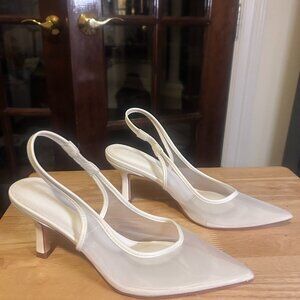 White Mesh Slingback Pumps, Size 8